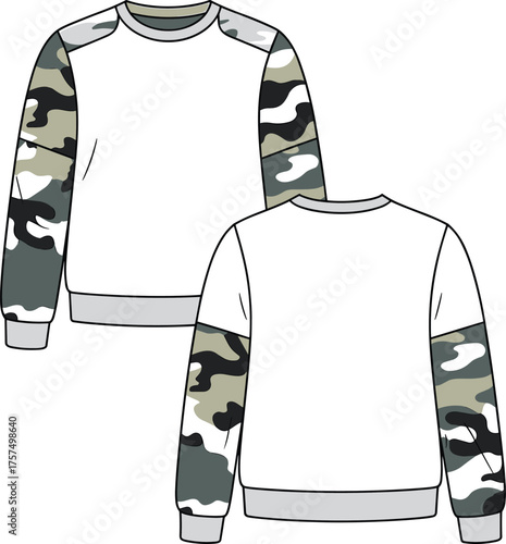 Technical Fashion Flat Sketch of a Crewneck Sweatshirt with Camouflage Print Sleeves, Featuring Front and Back Views, with Color-Blocked Yoke, Vector CAD Template.