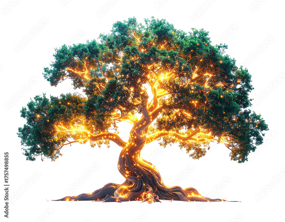 Fototapeta premium Digitally created glowing tree, with illuminated branches and a textured trunk, set against black