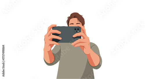 Person holding a smartphone horizontally in landscape mode to capture a photo or video with both hands, showcasing mobile photography and content creation