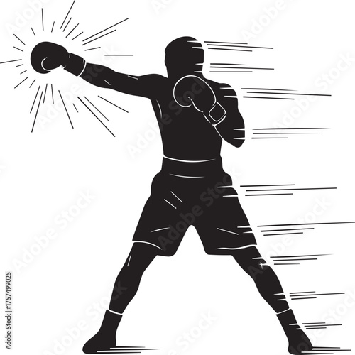 Dynamic silhouette boxer delivering powerful punch motion lines starburst effect sport action
