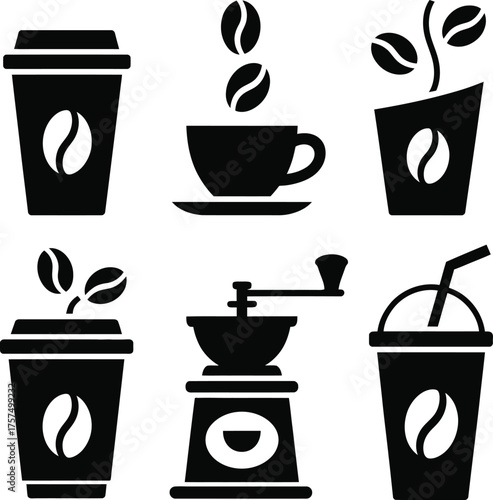 Collection of six silhouette icons representing coffee culture and caffeine beverage enjoyment