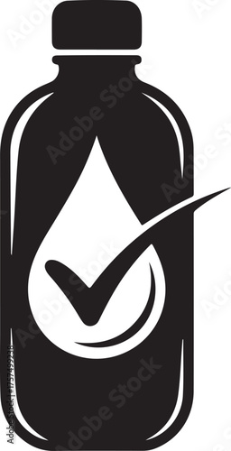 Black and white icon of a bottle with water drop and check mark symbol representing purity and quality