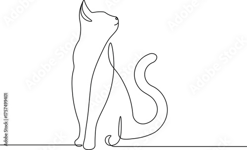 One Line Art Sitting Cat - Minimalist Continuous Line Drawing of a Cat Looking Up Vector Illustration