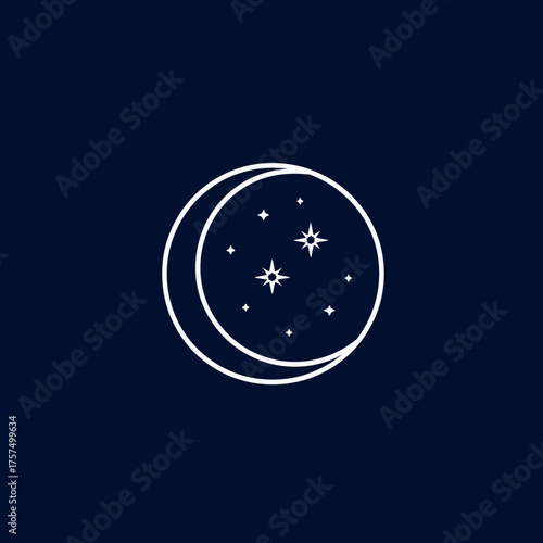 Minimalist celestial icon: elegant crescent moon and sparkling stars line art on deep navy blue background, dreamlike night sky symbol.
