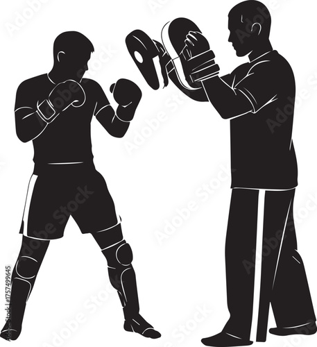 Boxing training session silhouettes fighters practicing punches in dramatic high contrast