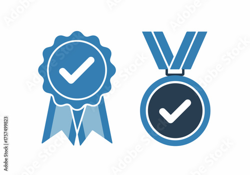 Medal and badge with checkmark illustration. Suitable for achievement, certification, award recognition, and success verification concepts in education or business