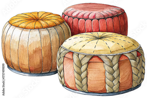 modern set of poufs vector with braided trim watercolor