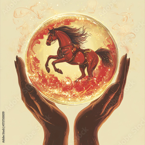 Hands holding a magical globe with a beautiful horse inside radiating glow and sparks