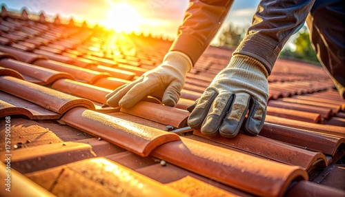 Roofing Repair A Worker Fixing Tiles with Care. Professional roofer's gloved hands working on a traditional terracotta tile roof. Construction and Home Improvement Concept