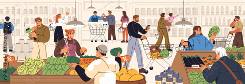 People with carts and baskets buy organic food in supermarket. Buyers choose natural products in grocery store. Customers with kids and trolleys are shopping in market. Flat vector illustration.