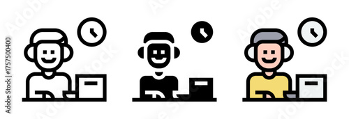 Conjunto de iconos de persona trabajando en su computadora. Productividad, oficina, enfoque, gestión. Ilustración vectorial