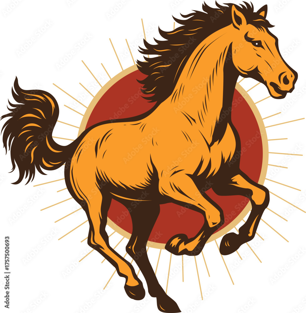 Fototapeta premium Horse and Red Sun retro vintage logo illustration design