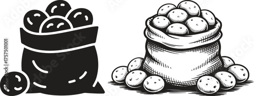 Two bags of potatoes one solid black silhouette and one detailed sketch