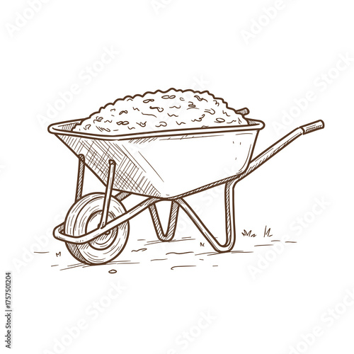 A wheelbarrow filled with manure or feed. Minimalistic doodle-style vector illustration in sepia or brown monochrome tones. 