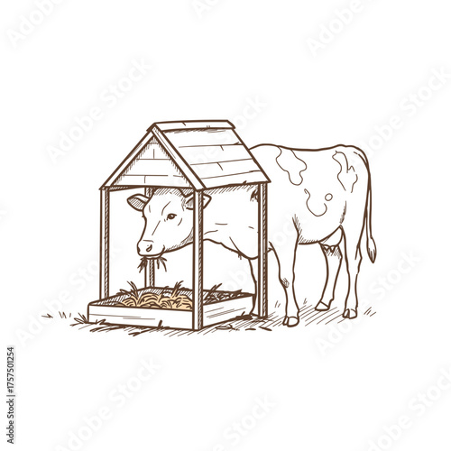 Cow eating hay from a feeder in a barnyard setting. Minimalistic doodle-style vector illustration in sepia or brown monochrome tones.