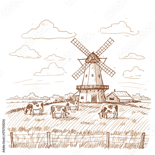 A windmill against a pasture with cows (demonstrating the eco-friendliness and energy efficiency of the farm). A minimalist doodle-style vector illustration in sepia or brown monochrome tones