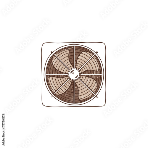 Hand-drawn ceiling fan with a four-blade design on white background  . Minimalistic doodle-style vector illustration in sepia or brown monochrome tones.