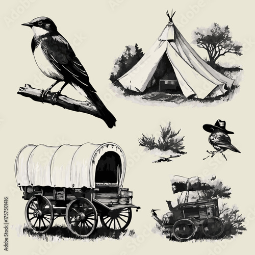 Vintage Hand-Drawn Wild West Elements: Covered Wagon, Pioneer Tent, and Rustic Birds Collection for Frontier Design