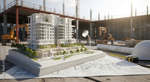A 3D architectural model of a modern apartment building on a wooden table with construction materials and plans in the background.