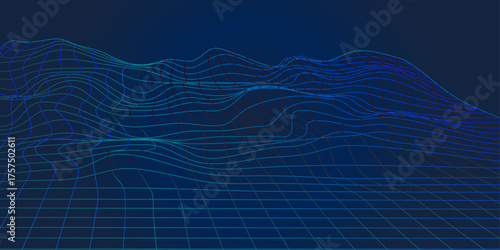 Abstract vector wireframe landscape. Abstract mesh background. Polygonal mountains. Cyberspace grid.  3d futuristic vector illustration. Retro background futuristic landscape 1980s style.   