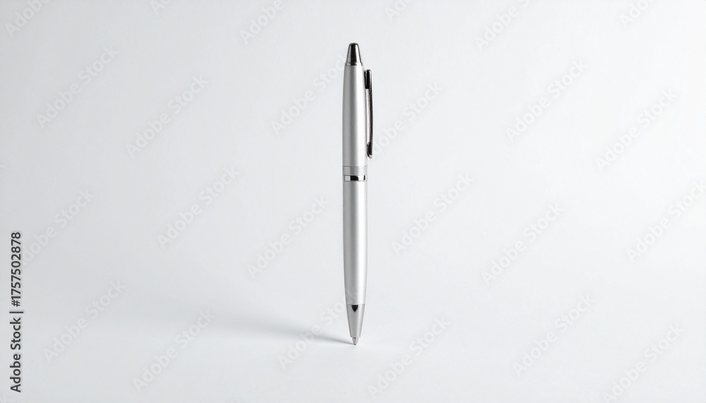 Fototapeta premium A sleek pen stands upright on a plain white background with subtle shadow