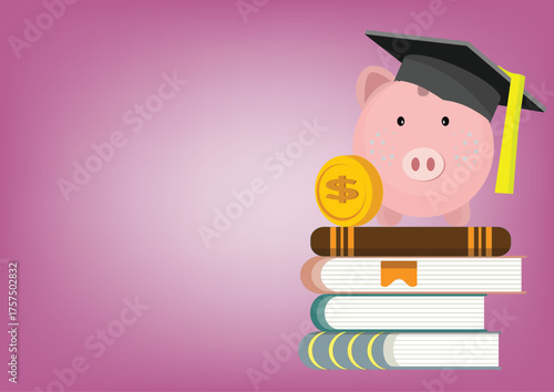 Education fund concept. Piggy bank with graduation hat and stack of books. Learning and training. Financial services. Academic pension. Flat vector illustration
