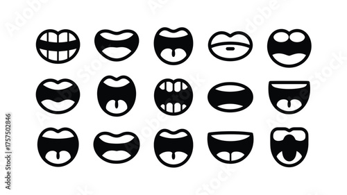 Cartoon mouths with teeth and tongues in various expressions arranged in a grid on white background on transparent background silhouette
