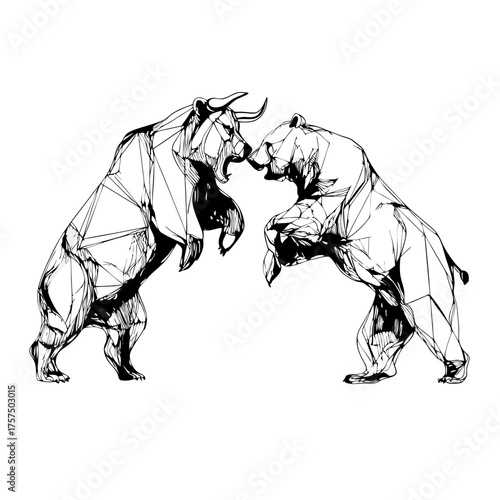 Abstract geometric bull and bear fighting illustration, symbolizing stock market trends, financial conflict, investment, and economic dynamics.