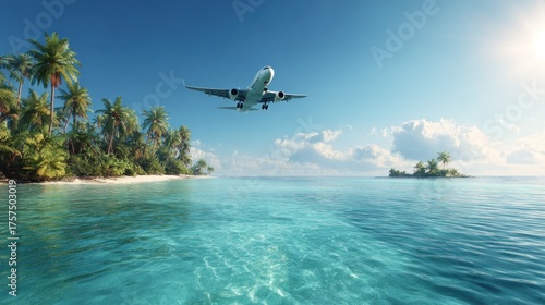 Commercial Airplane Soars Over Pristine Tropical Island Paradise with Turquoise Waters