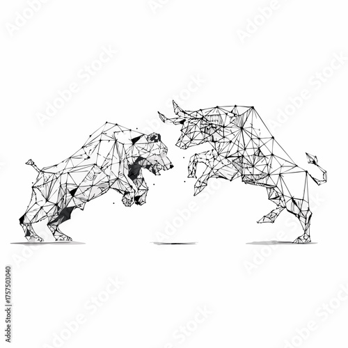 Abstract low poly bear and bull market confrontation. Geometric digital illustration of financial struggle, growth, and decline.