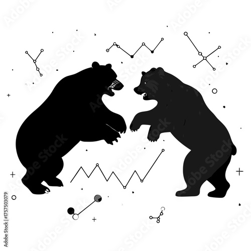 Two opposing black bears symbolizing financial market struggle, downturn, and economic conflict. Bear market illustration with abstract graph lines.