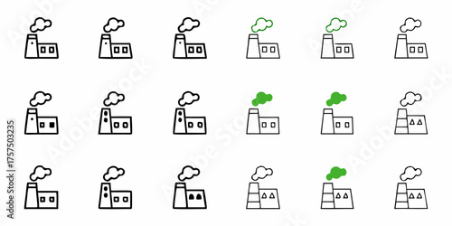 Modern Factory Icons Showcasing Industrial Production and Manufacturing, Representing Industry, Energy, and Environmental Themes in a Simple, Clean Design