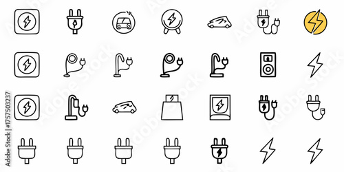 Power Up with this Electric Energy Icon Set: Charging Stations, Lighting, and Electrical Plugs for Modern Energy Solutions, Ideal for Electric Vehicles and Sustainable Tech