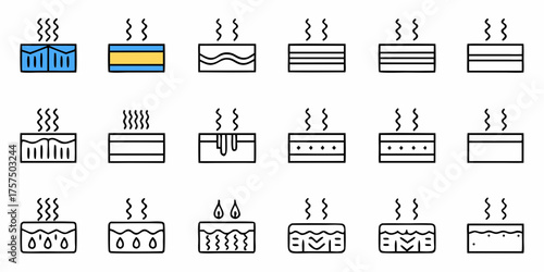Explore a range of innovative heated surface icon designs for modern product interfaces, showing diverse textures, materials, and functionalities with a scalable vector origin