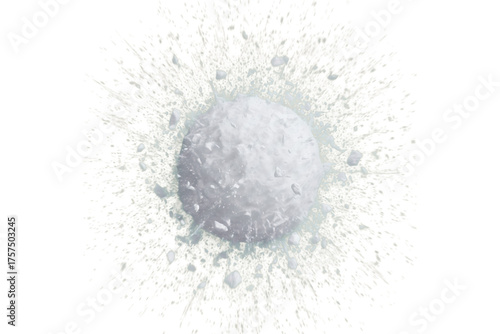 Gray sphere engulfed in white powder explosion with directional particle spray and radial distribution, isolated on a transparent background