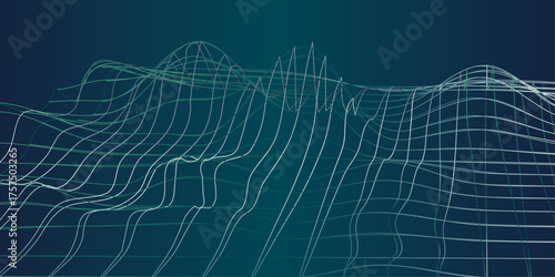 Abstract vector wireframe landscape. Abstract mesh background. Polygonal mountains. Cyberspace grid.  3d futuristic vector illustration. Retro background futuristic landscape 1980s style.   
