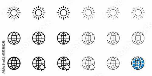 Global Connection Icons for Technology and Weather Concepts Featuring Sun and Globe Symbols Representing Worldwide Forecasts and International Networks in a Clean, Modern Style