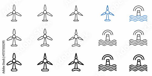 Modern wind turbine and communication tower icons representing clean energy, sustainable technology, and renewable power for innovative concepts, design, and branding