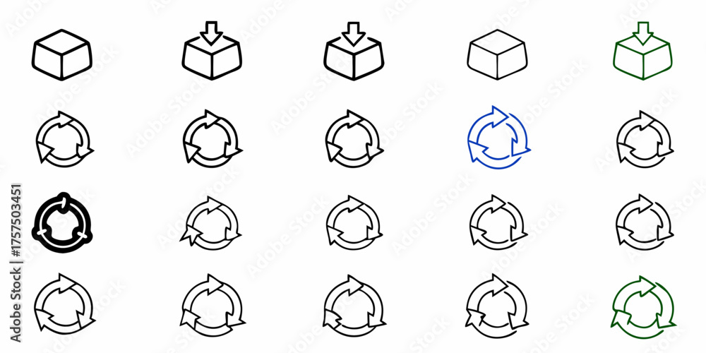 Fototapeta premium Set of modern line art icons showcasing download, upload, and recycling symbols, perfect for web design, business applications, and digital interfaces