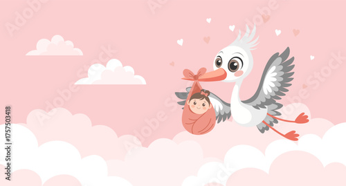Baby shower banner with stork carrying cute baby in bag for greeting card, girl birthday party.