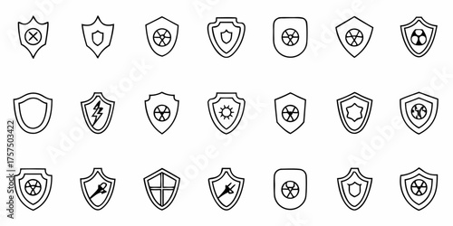 Collection of modern shield icons representing security, protection, safety, and defense in various digital and physical contexts, perfect for cybersecurity or insurance design