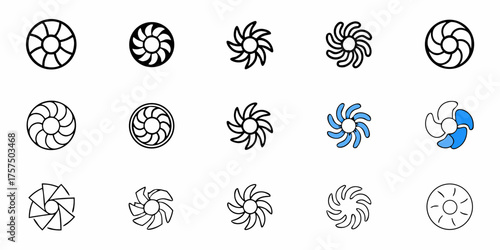 Set of modern fan icons in various designs, perfect for illustrating cooling, ventilation, and airflow concepts in digital or print projects