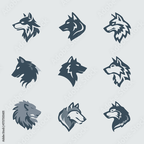 Stylized wolf head logos set. Abstract graphic design elements depicting strength, wild spirit, and fierce nature for branding and identity.