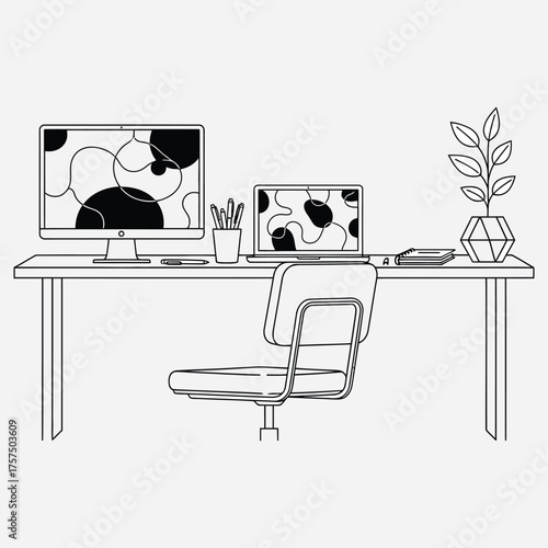 Minimalist Workspace with Computer, Laptop, Chair, and Plant Outline