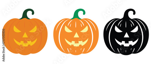 Angry Halloween Pumpkin icon set. Halloween scary pumpkin. Orange silhouette. pumpkin, halloween, icon, ghost, Vector Illustration	