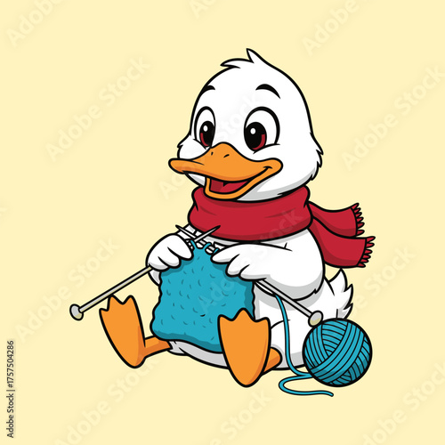 Cute Cartoon Duck Knitting a Scarf