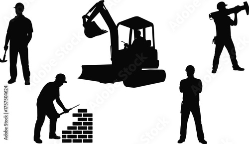Black silhouette construction workers with excavator, hammer, pipe, bricklayer, foreman supervisor, heavy equipment, building trades, manual labor vector illustration design