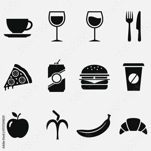 Collection of various food and drink icons including coffee, wine, pizza, soda, burger, fruit, and pastries