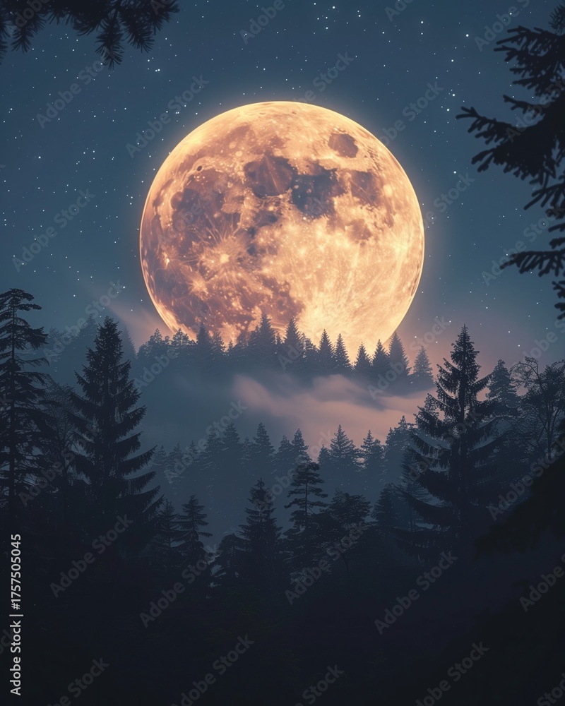 Fototapeta premium Full Moon and Silhouette Trees