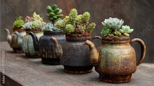 Wallpaper Mural Rustic Teapots Transformed into Unique Succulent Planters on Weathered Wood Torontodigital.ca